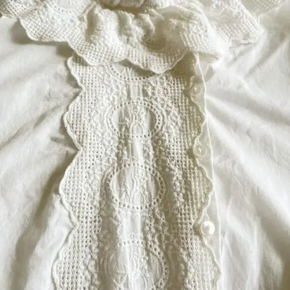 Anne Fontaine White 3/4 Bell Sleeve Embroidered Lace Ruffle Collar Blouse Sz 10 - Picture 6 of 10